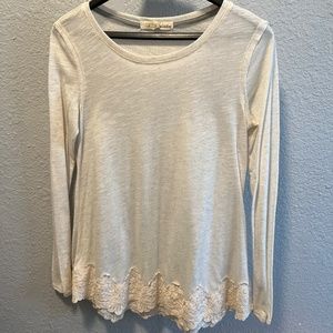 Rewind Ladies Semi-Sheer Cream Long Sleeve Top w/ Floral Embroidery, Medium